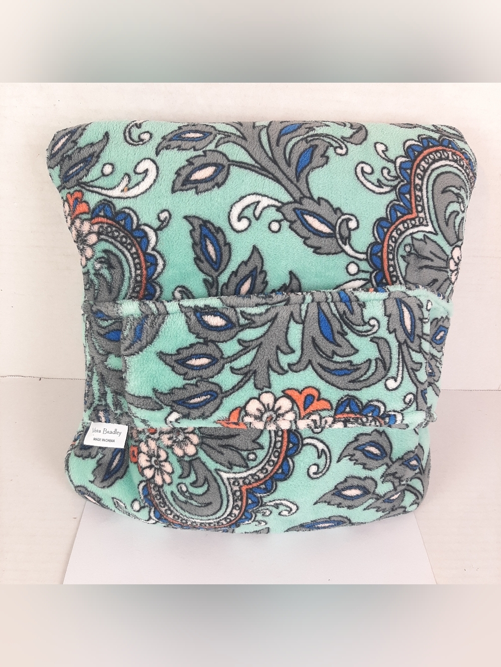 🔥Vera Bradley Travel Blanket FAN FLOWERS Design Aqua Blue Gray White Orange - Picture 4 of 5